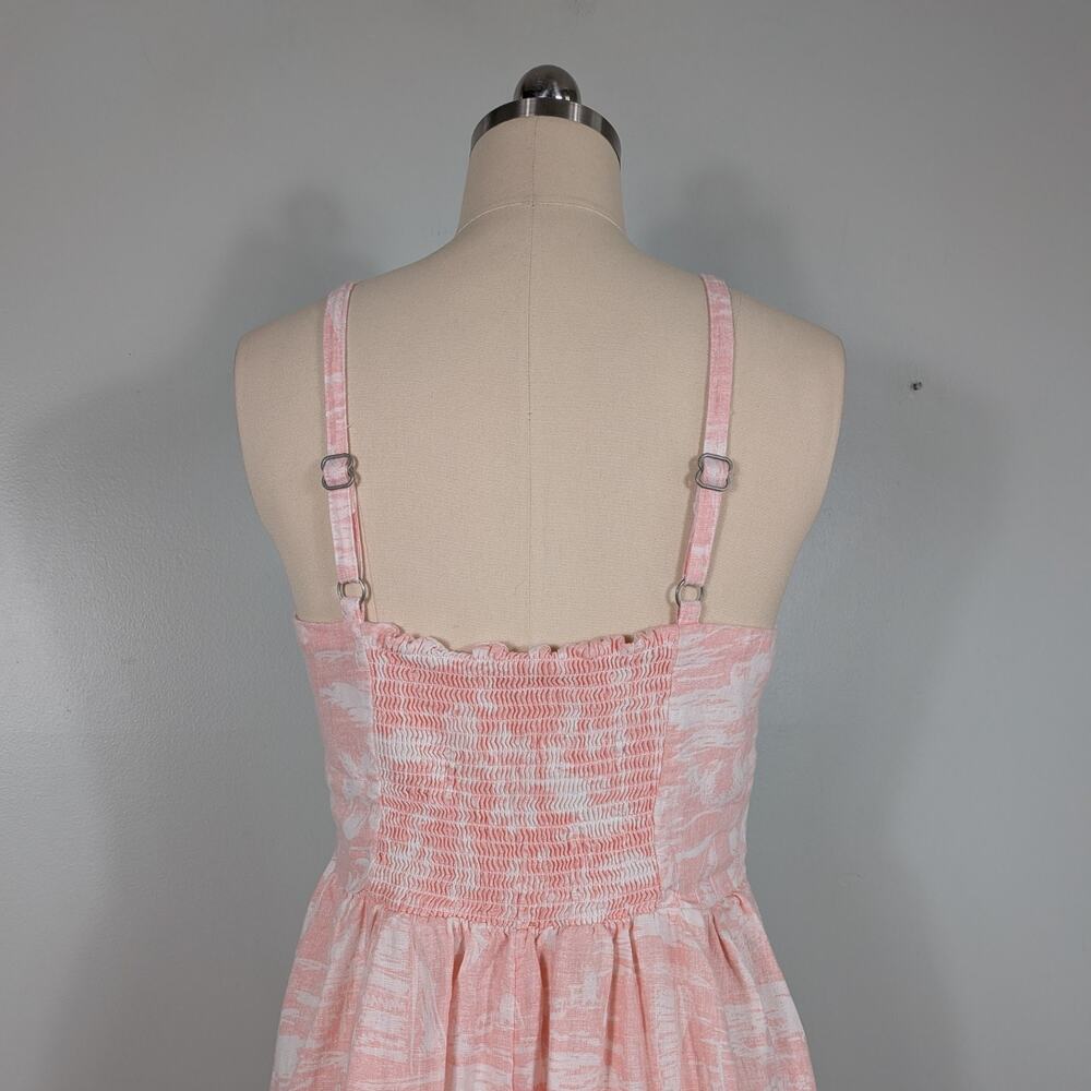 Lands End Linen Midi Dress M Pink White Sundress Smocked Beachy Sleeveles Pocket - Picture 4 of 12